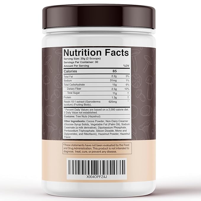 Mushroom Hazelnut Powder with Reishi 10:1 Extract Hot Cocoa Powder Caffeine-Free Mushroom Coffee Alternative - Adaptogenic Superfood Drink for Focus Relaxation and Mood Support - 30 Servings
