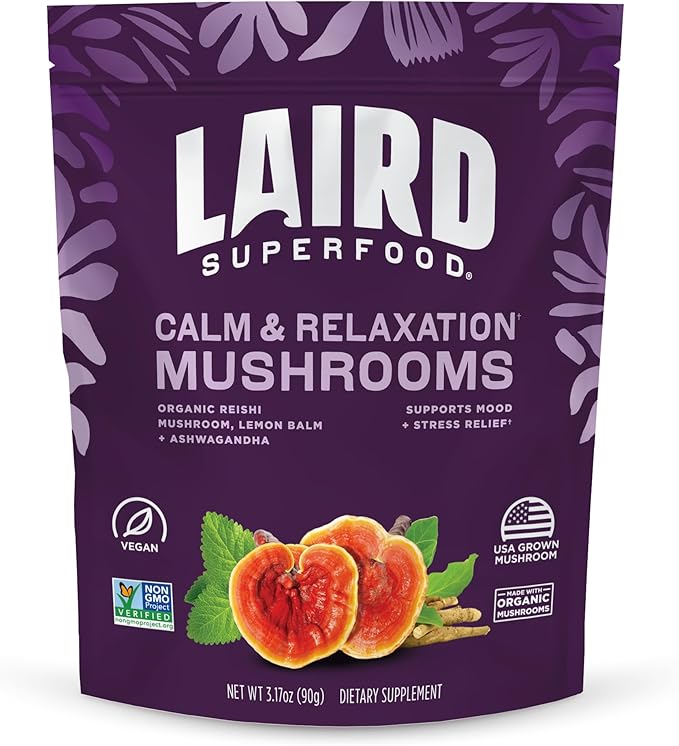 Laird Superfood Organic Calm and Relax Mushroom Blend with Reishi Lemon Balm and Ashwagandha 3.17 oz. Bag Pack of 1