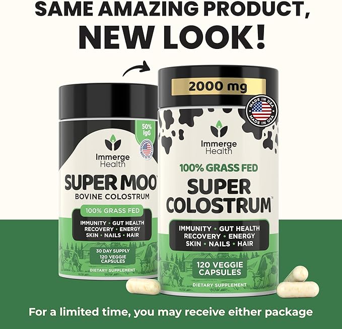 Immerge Health Super Colostrum Capsules - 120 Count High IgG Bovine Supplement for Gut Health Hair Growth Bloating &amp Immunity - 100% Grass Fed First Milking Tasteless &amp Travel Friendly USA