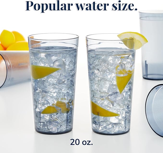 US Acrylic Cafe Plastic Reusable Tumblers (Set of 16) 20-ounce Water Cups in Grey | Value Set of Restaurant Style Drinking Glasses Stackable BPA-free Made in the USA | Top-rack Dishwasher Safe