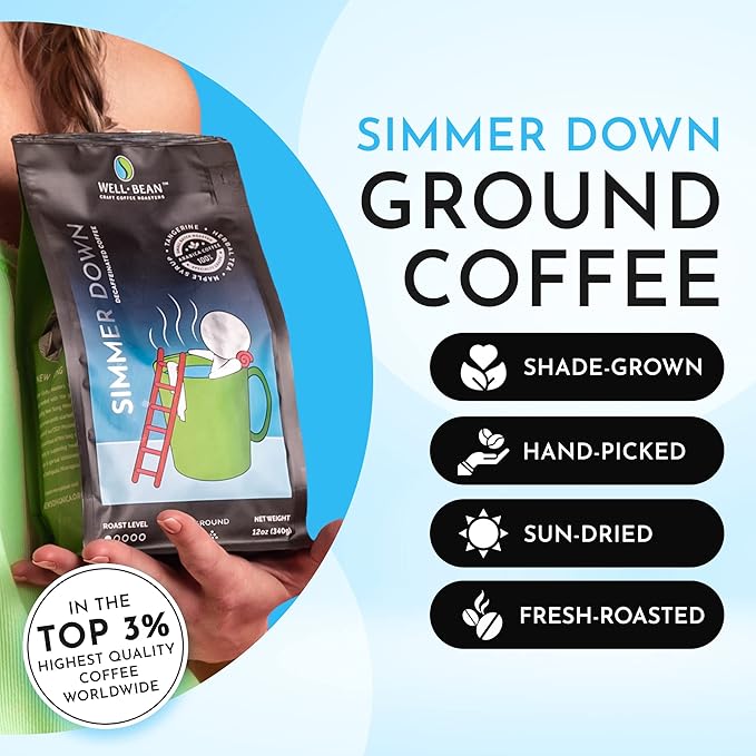 Well-Bean Coffee - Simmer Down Colombian Ground Coffee Decaf Coffee Swiss Water Decaf Coffee Vegan Decaf Coffee Beans Light Roasted Coffee 2 lb Coffee Bag