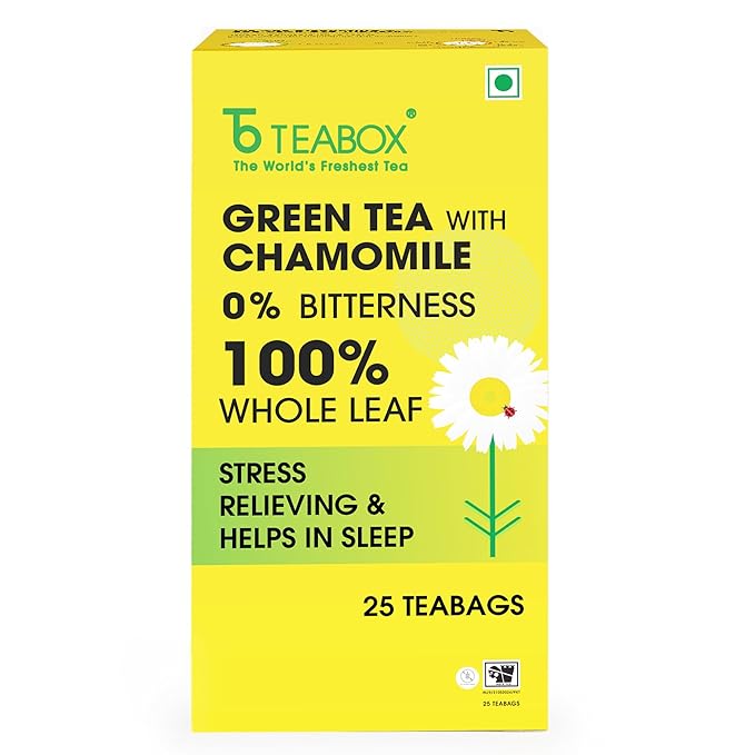 Teabox Premium Darjeeling Green Tea With Chamomile Flowers | 100% Whole Leaf &amp 0% Bitterness | Green Tea From The Himalayas | 25 Tea Bags (Low Caffeine)