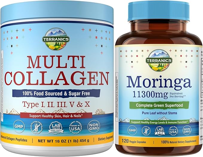 Terranics Multi Collagen Peptides Powder Type I II III V X &amp Moringa Capsules Bundle Hydrolyzed Collagen + 11300mg Pure Moringa Leaf Powder – 16oz Powder + 120 Capsules