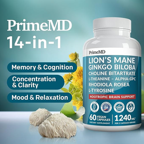 14-in-1 Lions Mane Supplement Capsules - Nootropic Brain Supplement with Ginkgo Biloba for Brain Support Memory and Focus - Alpha GPC L Theanine and Choline Supplements with 1300mg Per Serving - 2pk