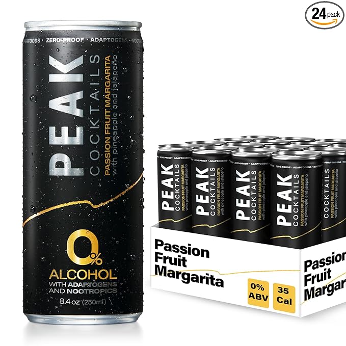 Peak Cocktails Non-Alcoholic Cocktail | Mixologist-made | Adaptogens Nootropics Superfoods for Recovery Calm Sleep | Ashwagandha Tart Cherry L-Theanine | Passion Fruit Margarita | 8.4oz 24-Pack