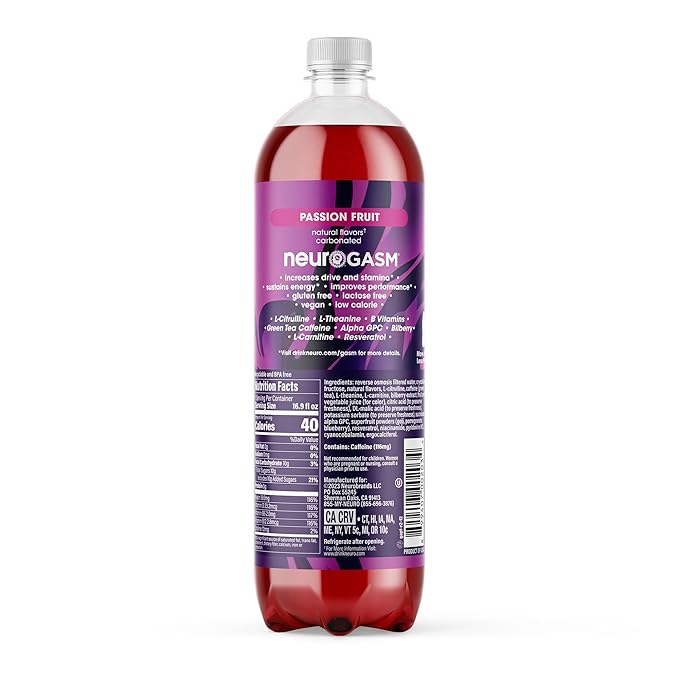 neuroGASM | Passion Fruit | Functional Beverage for Increased Stamina Lightly Carbonated Low Sugar 16.9 Fl Oz (Pack of 12)