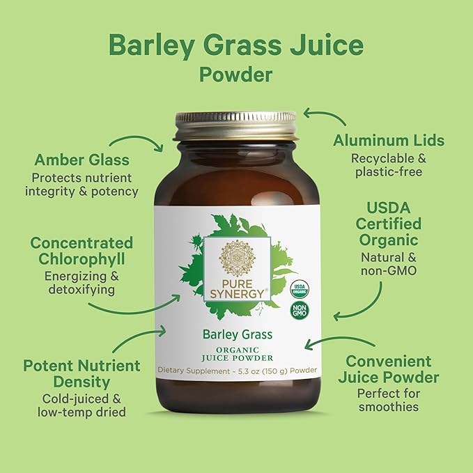 PURE SYNERGY Organic Barley Grass Juice Powder | Chlorophyll-Rich Greens Powder | Organic Cold-Pressed Barley Grass Juice | for Energy Detox and Digestion Support (5.3 oz.)