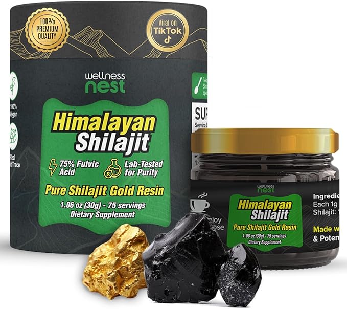 Wellness Nest Gold Grade Pure Himalayan Shilajit Resin: Ultimate Potency for Men &amp Women - 24k Gold 75%+ Fulvic Acid Lab Test Report Included - 30g (1 Pack) 75 Servings