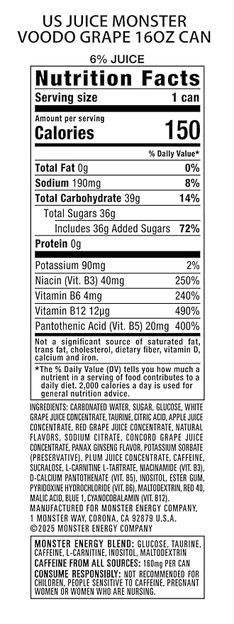 Monster Energy Juice Voodoo Grape Energy + Juice Energy Drink 16 Ounce (Pack of 15)