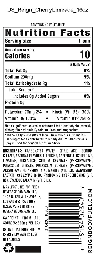 Reign Total Body FuelCherry LimeadeFitness &amp Performance Drink16 Fl Oz(Pack of 24)