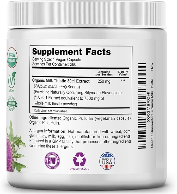 Milk Thistle Capsules 280 Count 7500 mg Strength Potent 30:1 Extract USDA Certified Organic Rich in Silymarin Flavonoids Vegan Non-GMO and All-Natural