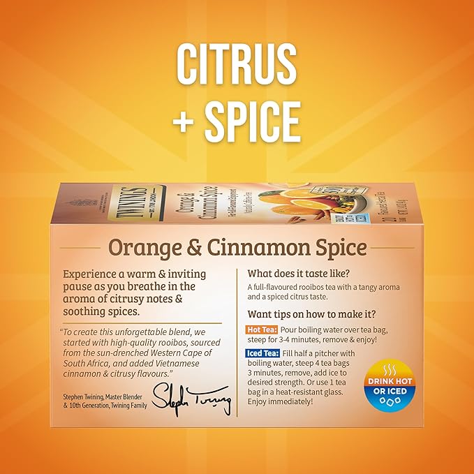 Twinings Orange &amp Cinnamon Spice Herbal Tea Individually Wrapped Bags 20 Count (Pack of 6) Naturally Caffeine-Free Enjoy Hot or Iced 120 Teabags