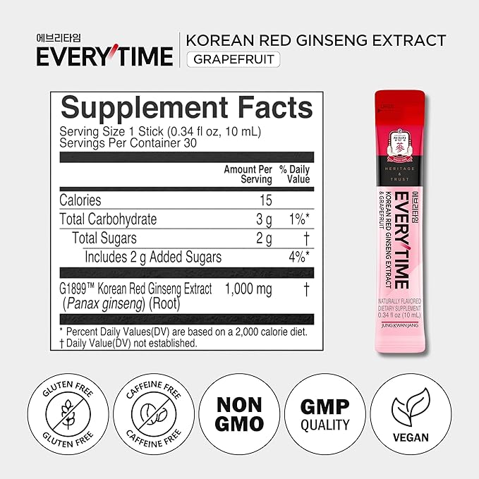JUNG KWAN JANG Everytime Korean Red Ginseng Extract 1000mg &amp Grapefruit - Vegan Ginseng Root Energy Drink Liquid Stick Supplements - Builds Stamina &amp Immunity No Caffeine (10 Sticks 0.34 fl