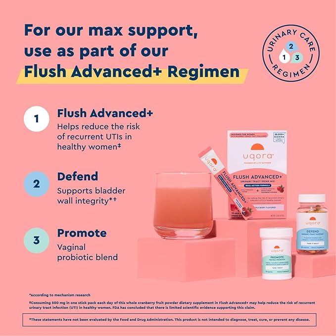 Uqora Flush Advanced+ - Helps Reduce Risk of Recurrent UTI** - with Cranberry D-Mannose Vitamin C Vitamin B6 &amp Potassium - Gluten-Free &amp Vegan - Triple Berry Flavor - 10 Packets (1 Pack)