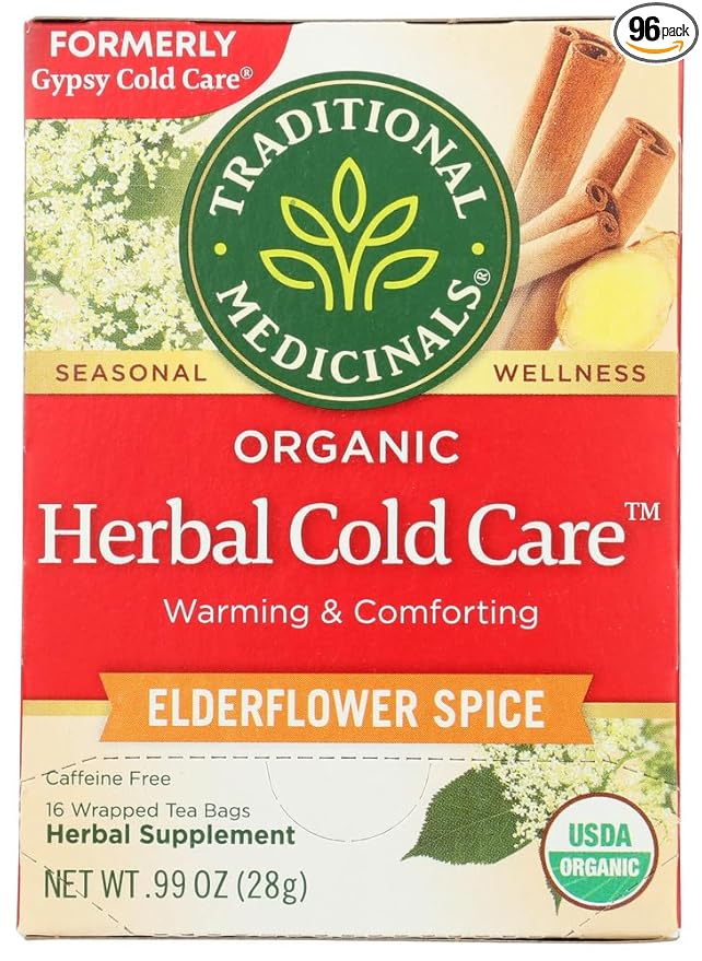 Traditional Medicinals Organic Herbal Cold Care Elderflower Spice Herbal Tea Warm &amp Comforting Seasonal Wellness (Pack of 6) - 96 Tea Bags Total