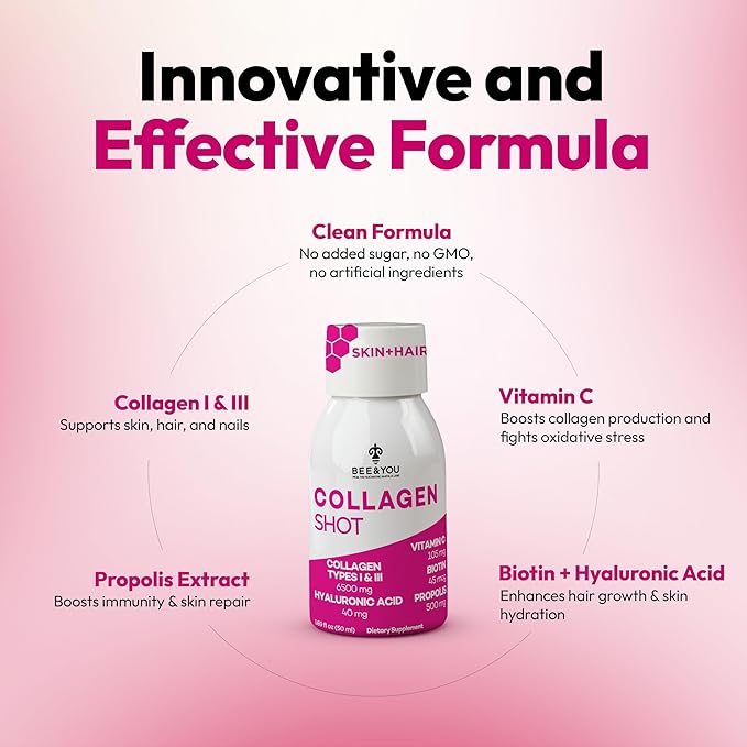 Bee and You Collagen Liquid Shot Drink with Vitamin C Propolis Extract Hyaluronic Acid Biotin Promotes Skin Hair Nail and Joint Health 1.69 fl. Oz x 12 Pack