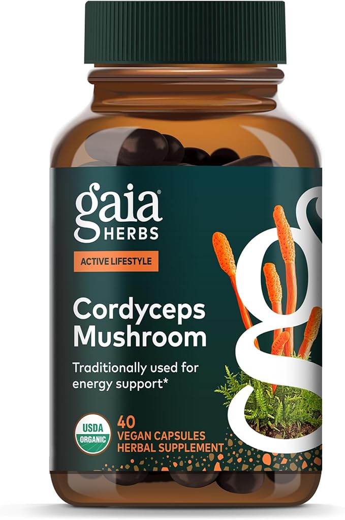Gaia Herbs Cordyceps Mushroom - Traditionally Used to Support Sustaining Energy &amp Endurance* - One Daily with Organic Cordyceps Mushroom - 40 Vegan Liquid Phyto-Capsules (40 Servings)