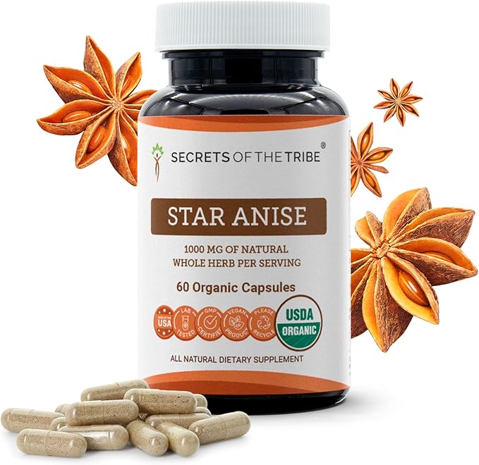 Secrets of the Tribe Star Anise 60 Capsules 1000 mg USDA Organic Star Anise (Illicium verum) Dried Seed (60 Capsules)