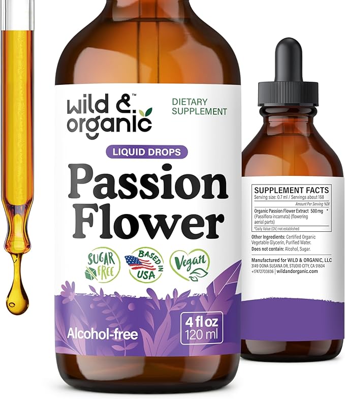 Wild &amp Organic Passion Flower Tincture - Mood Support - Calming Passionflower Supplement - Passiflora Incarnata Liquid Extract - Vegan Sugar &amp Alcohol-Free Herb Drops - 4 fl oz
