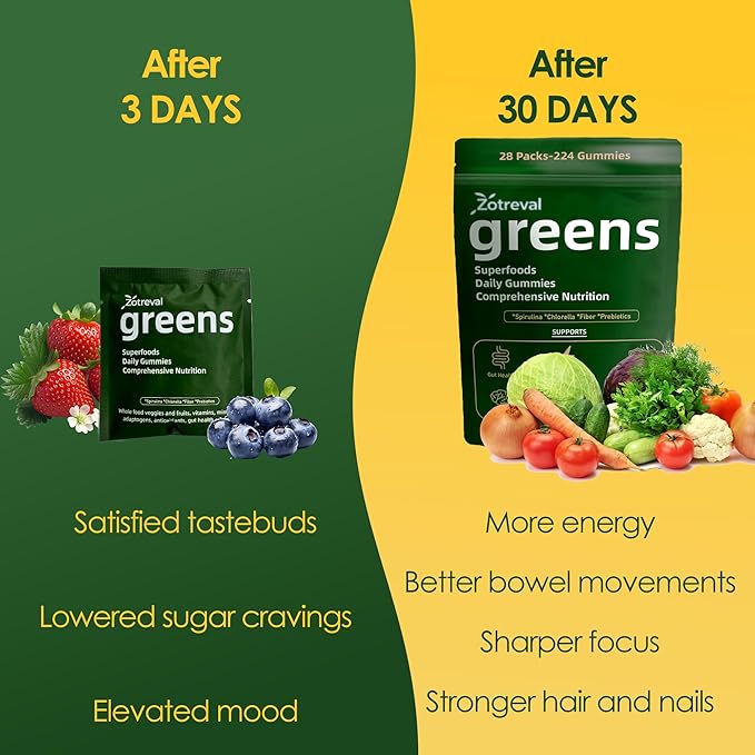 Daily Greens Superfood Green Gummies Packets - Digestive &amp Gut Health Chlorella and Spirulina Supplement with 20+ Organic Prebiotics Fiber Vitamins &amp Minerals - 224 Low Sugar Gummy