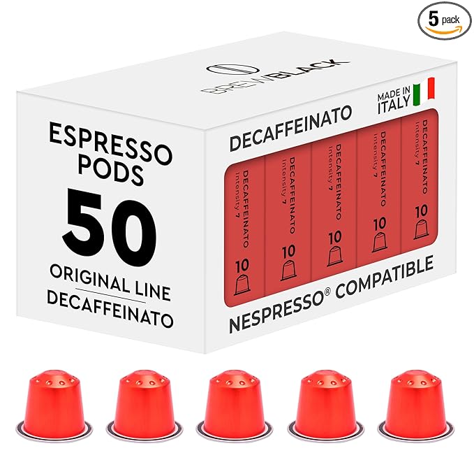 BrewBlack Decaffeinato Coffee Capsules - 50 Aluminum Coffee Pods Compatible with Nespresso Original line Medium Roast - Intensity 7/12 Made in Italy
