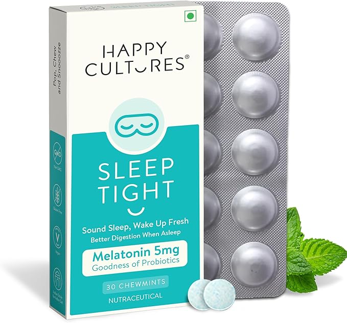 Happy Cultures Sleep Tight Melatonin 5Mg with Probiotics Bacillus Coagulans Sleep Deeper &amp Wake Up Refreshed &amp Natural Clinically Tested Helps Gas Relief Indigestion - 30 Chewmints