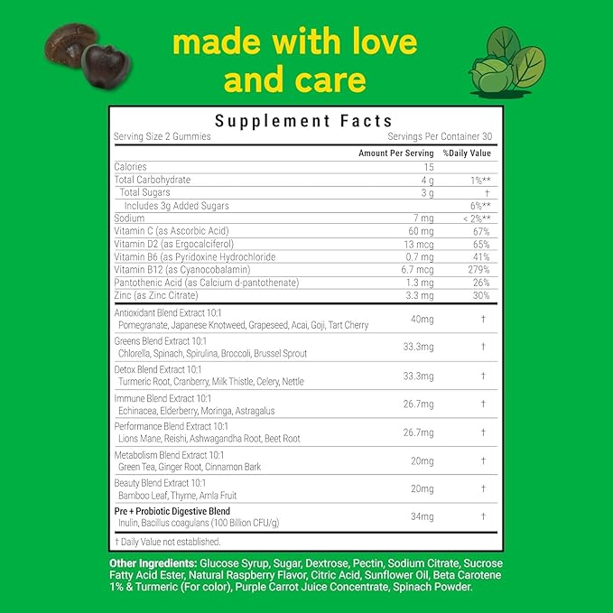 Super Greens Gummies - with Moringa Spirulina &amp Chlorella - Made in USA - 60 Gummies - 30 Day Supply