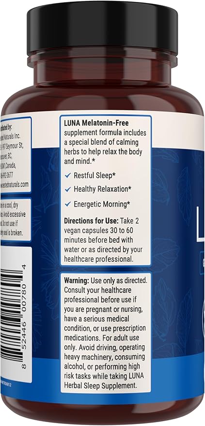 Nested Naturals Luna Melatonin-Free Pack of Two Bedtime Supplement for Adults Herbal Nighttime Sleeping Capsule Valerian Root with Chamomile Lemon Balm Non-GMO Gluten-Free