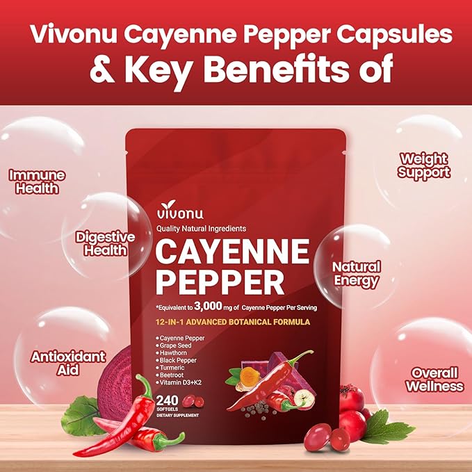 VivoNu Cayenne Pepper Softgels Supplement Supports Leg Vein Heart and Blood Vessel Health with Vitamin E D3+K2 and Extracts of Grape Seed Hawthorn Beetroot Berberine and Other