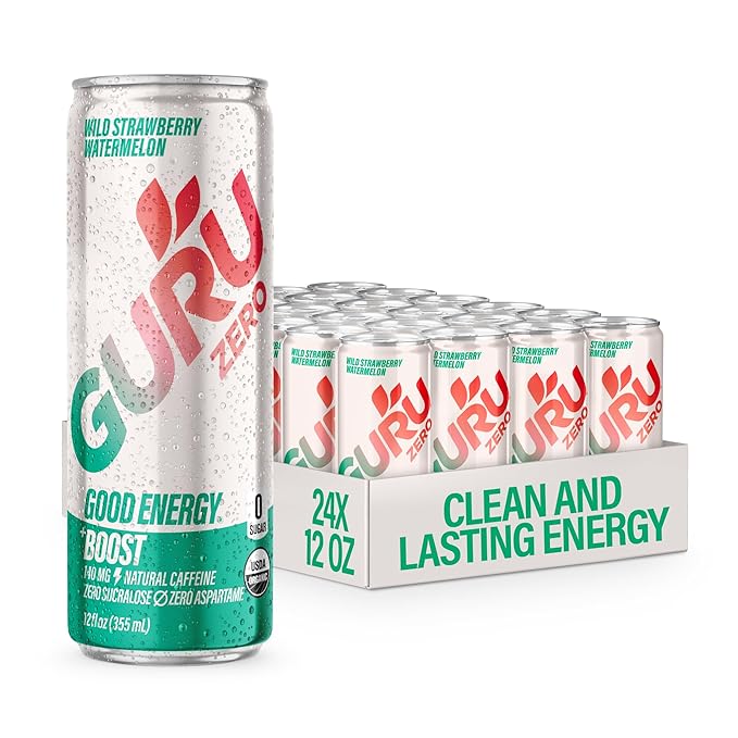 GURU ZERO SUGAR Wild Strawberry Watermelon Organic Energy Drinks Clean Energy Drink with Plant Based Natural Caffeine from Green Tea Coconut Water Prebiotic Zero Added sugars Gluten Free and Vega
