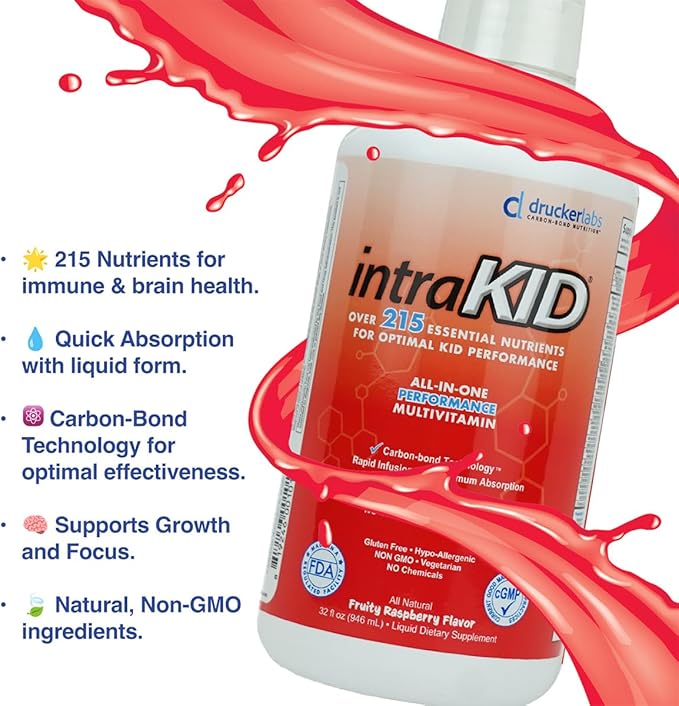 Drucker Labs Organic Liquid Multivitamin for Kids Immune Support Non GMO Dairy Free Gluten Free Magnesium Vitamin ACE Zinc (32 oz. Fruity Raspberry)
