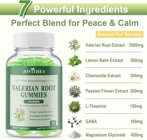 2 Pack Organic Valerian Root Gummies Herbal Supplements for Calm &amp Relaxation Natural Sleep Support for Adults &amp Kids Melatonin Free Vegan Non-GMO Gluten Free Apple Flavor 120 Count