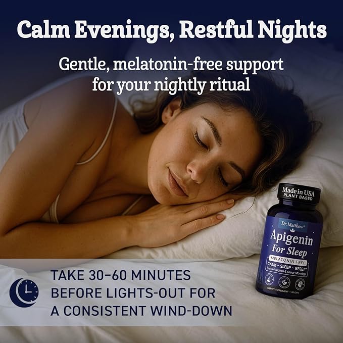 Apigenin Supplement for Sleep. Best Natural Sleep Aid Without Melatonin for Adults. With L-Theanine &amp Magnesium. Plant-Based Nighttime Support. Apigenina Suplemento.