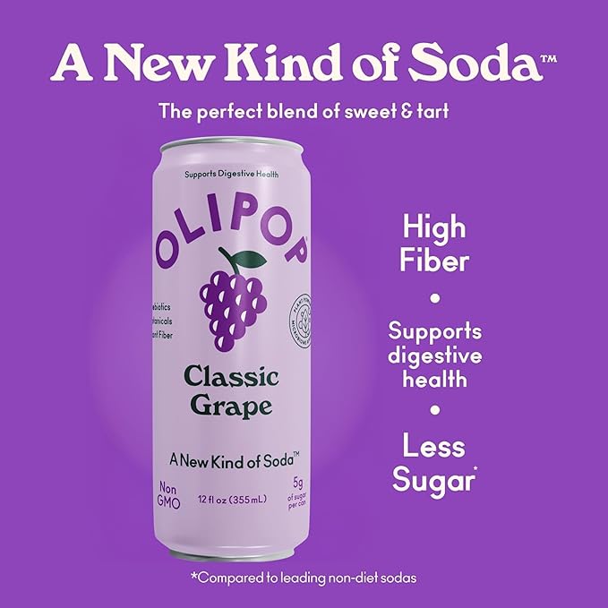 OLIPOP Prebiotic Soda Pop Classic Grape Pantry Pack Packed with Prebiotics Fiber and Botanicals Gluten Free GMO Free 12oz Skinny (12-Cans)