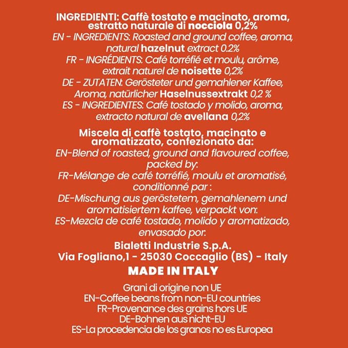 Bialetti - Perfetto Moka Nocciola: Gemahlener Kaffee mit mittlerer Röstung Haselnuss-Aroma 250g x 6 Beutel mit Aromaschutzventil