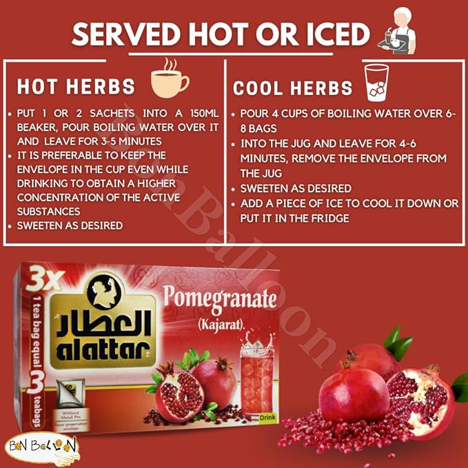 AlAttar Pomegranate Tea Pure Herbal Al Attar ElAttar El Attar Herbals No Additives Herb Non Gmo Herbs Kosher Halal (60 Tea Bags) العطار رمان حلال