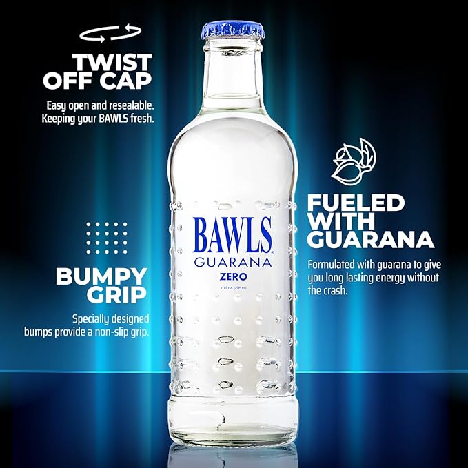 BAWLS Guarana Zero BAWLS Guarana Drink Guarana Soda Guarana Fueled Soda for Energy High Energy Caffeinated Drink 10oz 12 Pack Glass Bottles