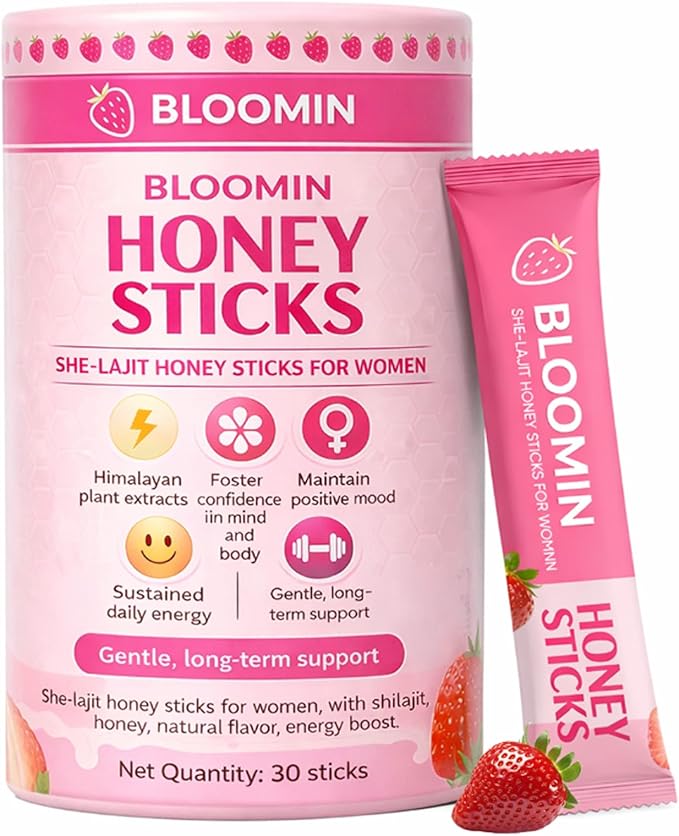 Bloomin Shilajit Honey Sticks for Women Strawberry Honeysticks Natural Energy &amp Vitality Booster with Shatavari &amp Saffron for Hormonal Balance Focus &amp Stamina | 30 Sticks (2)