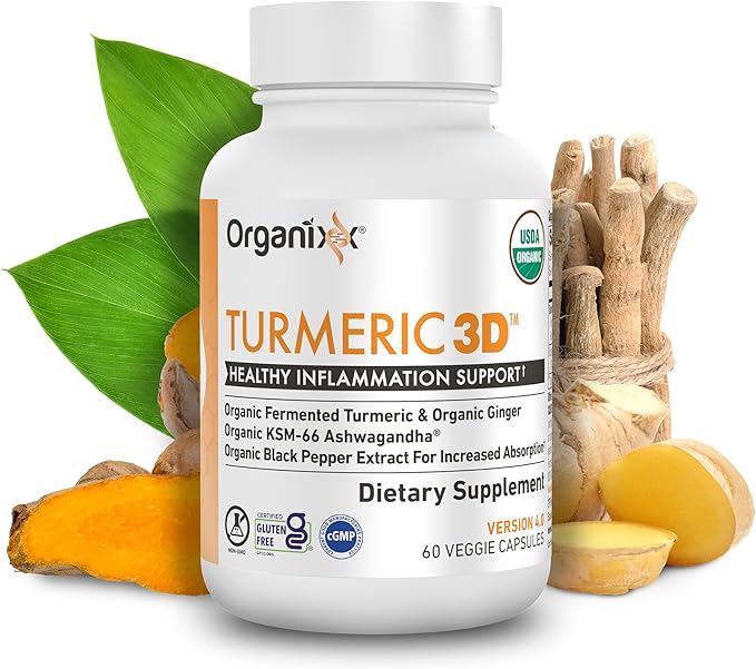 Organixx USDA Organic Turmeric Curcumin Supplement with Ashwagandha Vitamin D Turmeric &amp Ginger – Fermented for Maximum Bioavailability 60 Count + 30 Count
