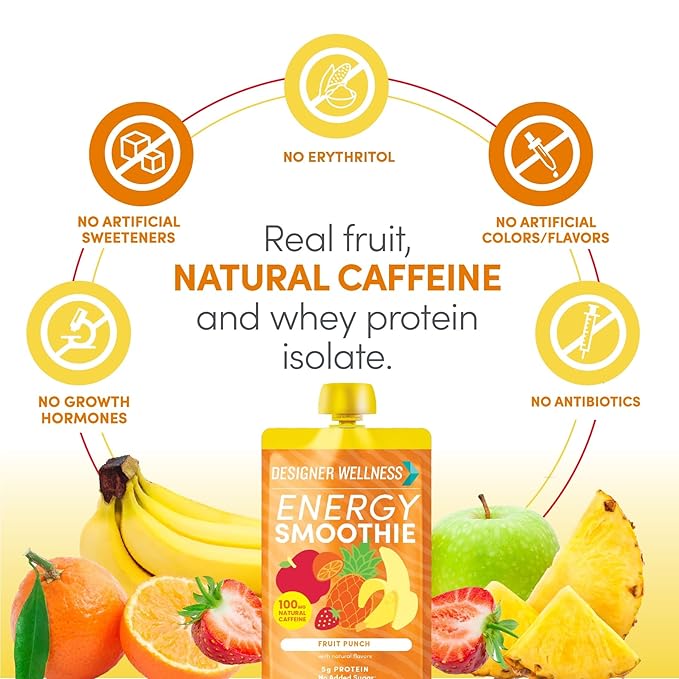 Designer Wellness Energy Smoothie Real Fruit 100mg Natural Caffeine 5g Protein Low Carb Zero Added Sugar Gluten-Free Fruit Punch 12 Count
