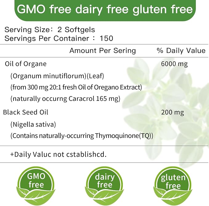 Oil of Oregano with Black Seed Oil2-in-1 Oregano Oil Capsules Organic6000mg Per Serving300 Softgels4X Strength Carvacrol &amp ThymoquinoneNon-GMOGluten Free &amp Immune Support