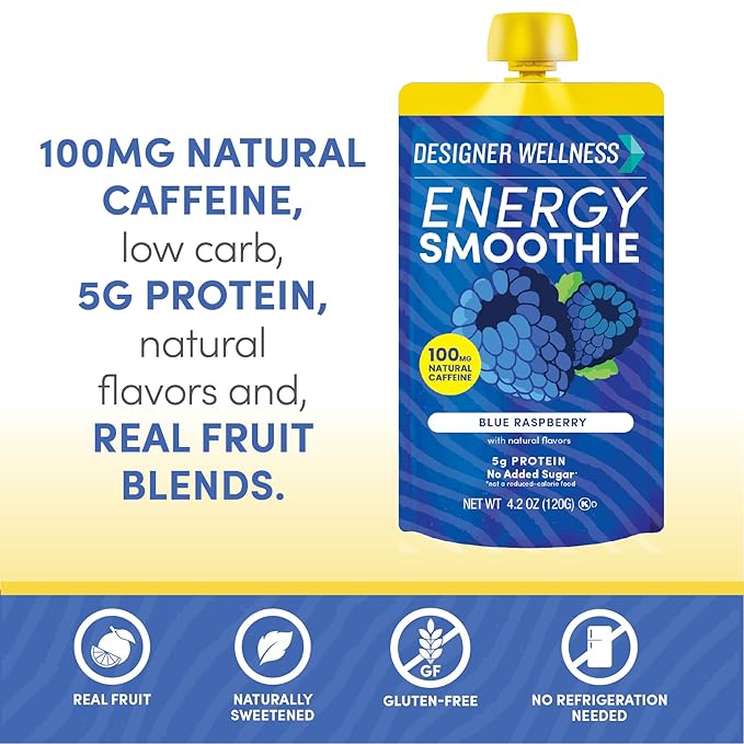 Designer Wellness Energy Smoothie Real Fruit 100mg Natural Caffeine 5g Protein Low Carb Zero Added Sugar Gluten-Free Blue Raspberry 12 Count