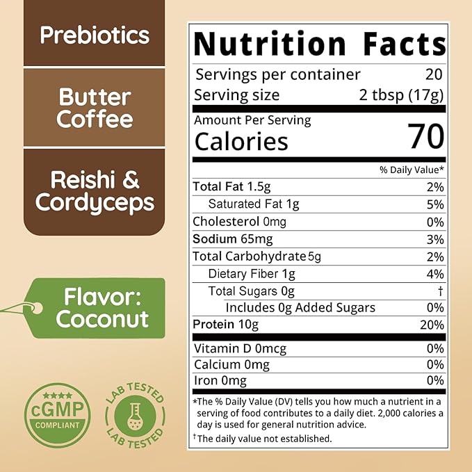 Grass Fed Whey Protein Coffee Collagen Protein Iced Coffee - 10g Protein &amp 0g Sugar Made with Cordyceps Reishi &amp Butter Natural Energy without Jitters Coconut 20 Servings