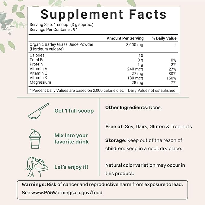 Micro Ingredients Organic Barley Grass Juice Powder 10 Ounce Cold Pressed US Grown Immune Vitamin Fibers Minerals Antioxidants and Protein Vegan