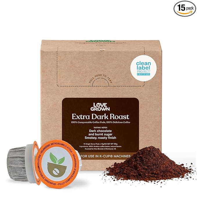 Love Grown Plastic-Free Coffee Pods 100% Arabica Single-Serve Cups Compostable Non-GMO - Compatible with Keurig Coffee Pods Machines and K-Cup Brewers Extra Dark Roast Flavor Box of 15