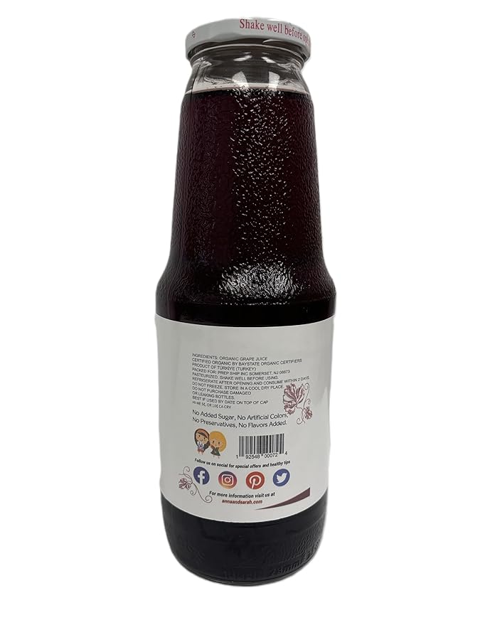 Anna and Sarah 33.8 Oz Organic Grape Juice - Glass Bottle (6 Pack) No Sugar No Artificial Colors No Preservatives No Flavors Added not from CONCENTRATE