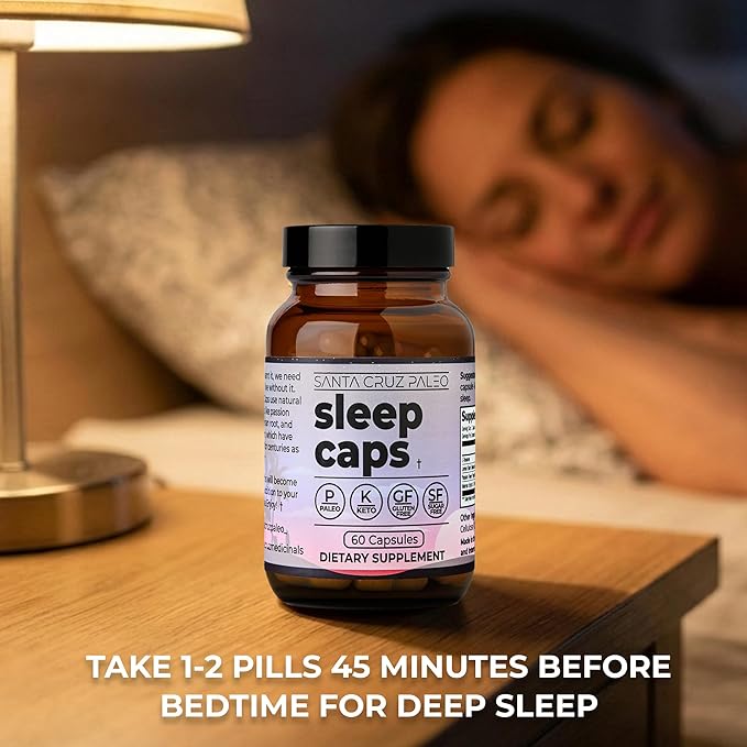 Santa Cruz Paleo Sleep Caps with L-Theanine Lemon Balm Passion Flower &amp Valerian Root Melatonin-Free Nighttime Relaxation Paleo &amp Keto Friendly Sugar &amp Gluten Free 60 Capsules