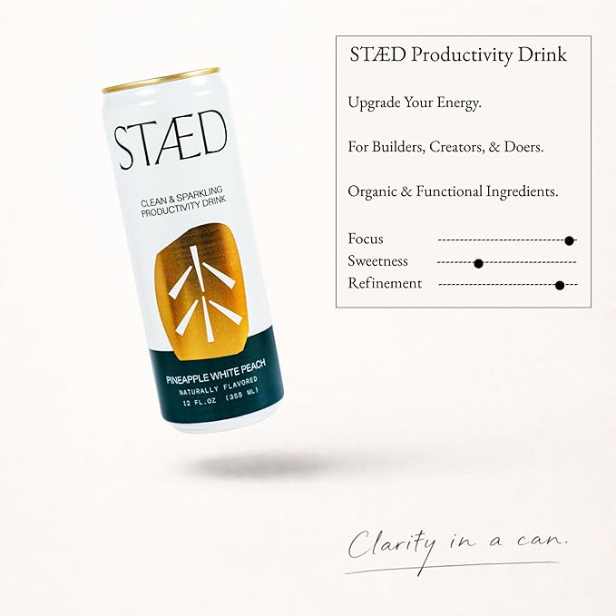 Drink Staed Pineapple White Peach Productivity Drink Sparkling Functional Beverage 12-Pack – With Cognizin® Citicoline &amp L-Theanine Organic Clean Caffeine Healthy Energy Drink