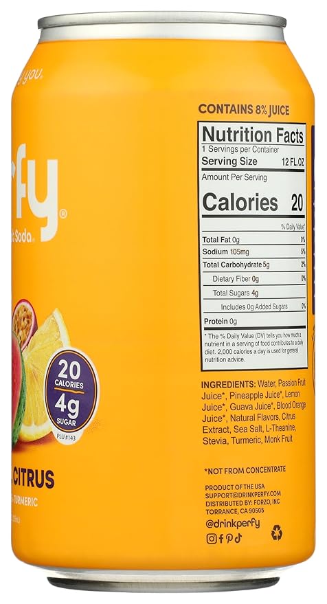 PERFY Soda Superfood Nootropic Soft Drink | Low Sugar Low Carb Gluten Free Caffeine Free Keto Soda | All Natural Soft Drink Made With Real Fruit Juice L-theanine &amp turmeric | 12 Pack (Tropica