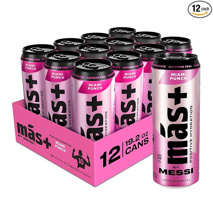 Más+ By Messi 19.2oz Miami Punch Sports Drink &amp Hydration Beverage Natural Flavors with Vitamins and Electrolytes No Artificial Sweeteners or Colors 12-pack